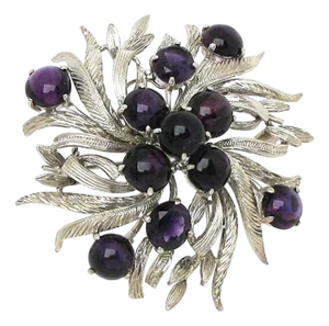 Mid 20th Century Cabochon Amethyst Floral Brooch Pin in 14k White Gold