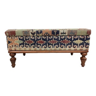 Turkish Kilim Upholstered Padded Storage Bench For Sale
