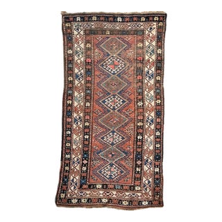 1920s Kazak with Nice Tribal Design in Clay, Terracotta Blues and Greens Rug 4 x 7.9 For Sale