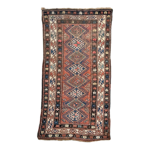 1920s Kazak with Nice Tribal Design in Clay, Terracotta Blues and Greens Rug 4 x 7.9