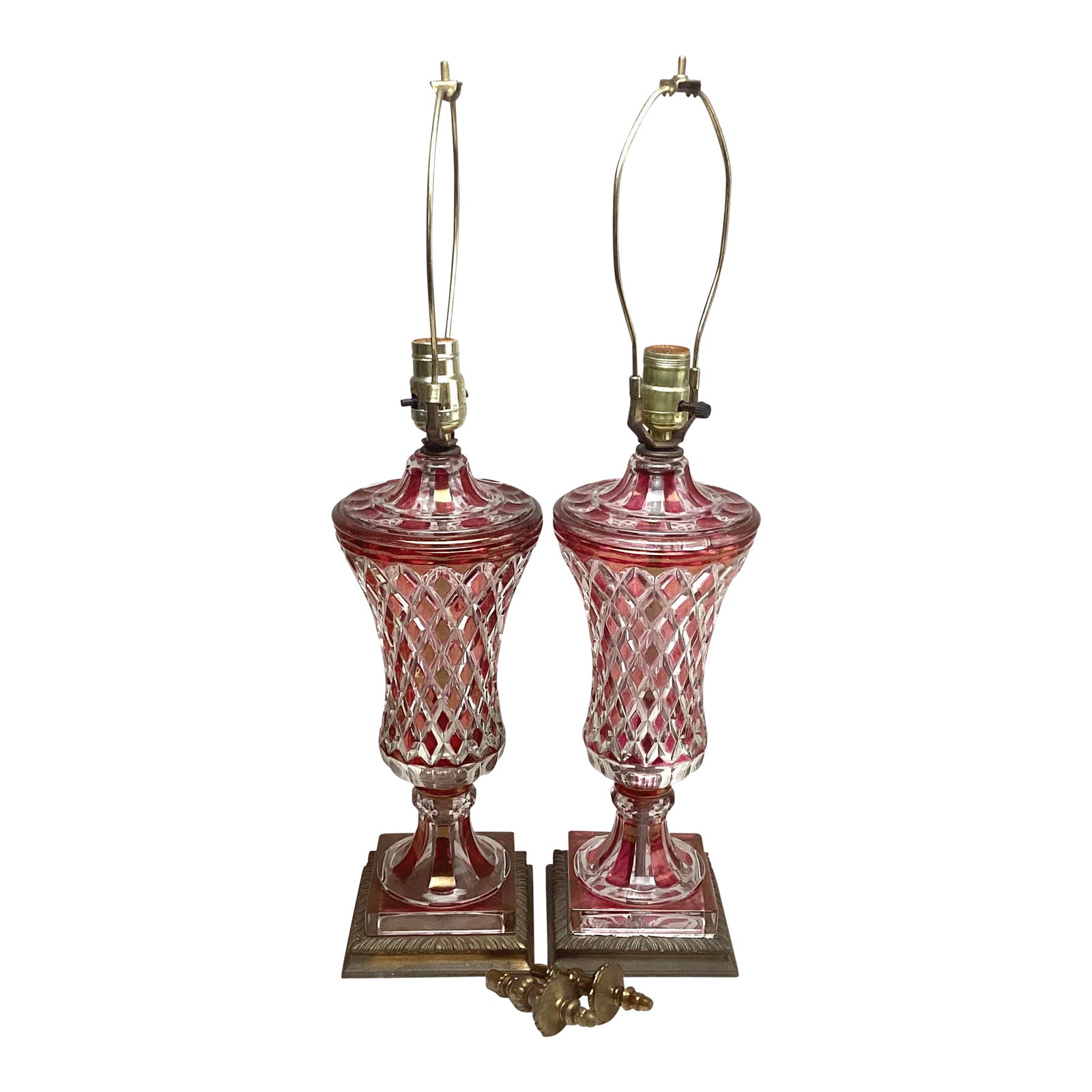 Antique Bohemian Regency Ruby Red Flashed Glass Lamps Pair Diamond ...