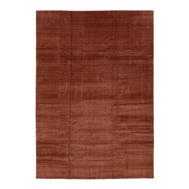 Modern Tibetan Wool and Silk Rug in Terracotta Featuring a Stripe Pattern For Sale