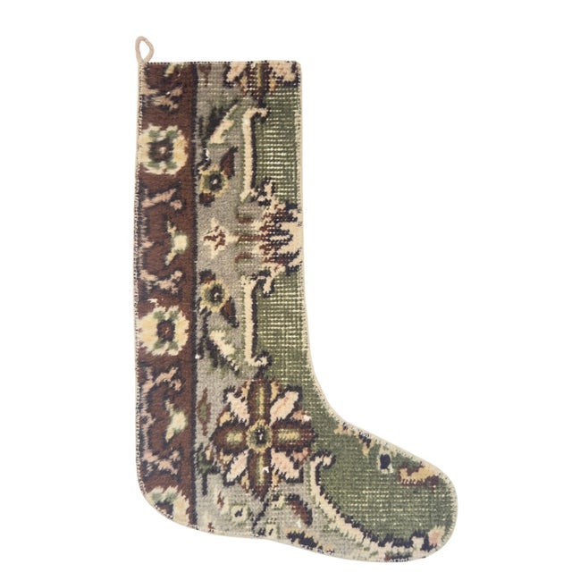 Ornate Vintage Kilim Christmas Stocking, Sage & Brown Floral Border, 11.8 X 17.7 in – One of a Kind Turkish Decor For Sale - Image 4 of 7