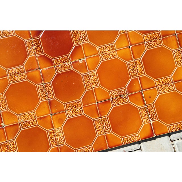 1910s Portuguese Art Deco Glazed Tiles Set of 30 Large Amber Brown Geometric Antique For Sale - Image 6 of 18