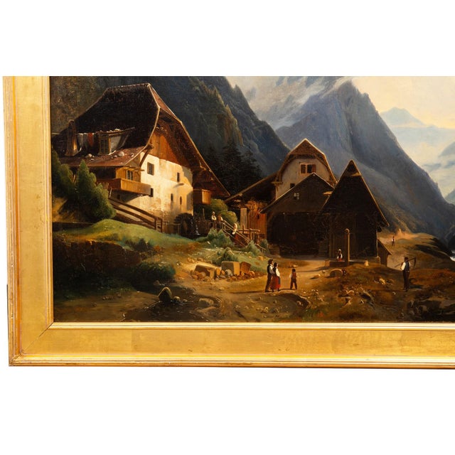 Blue Continental School Alpine Village Oil Painting, Late 19th Century For Sale - Image 8 of 11