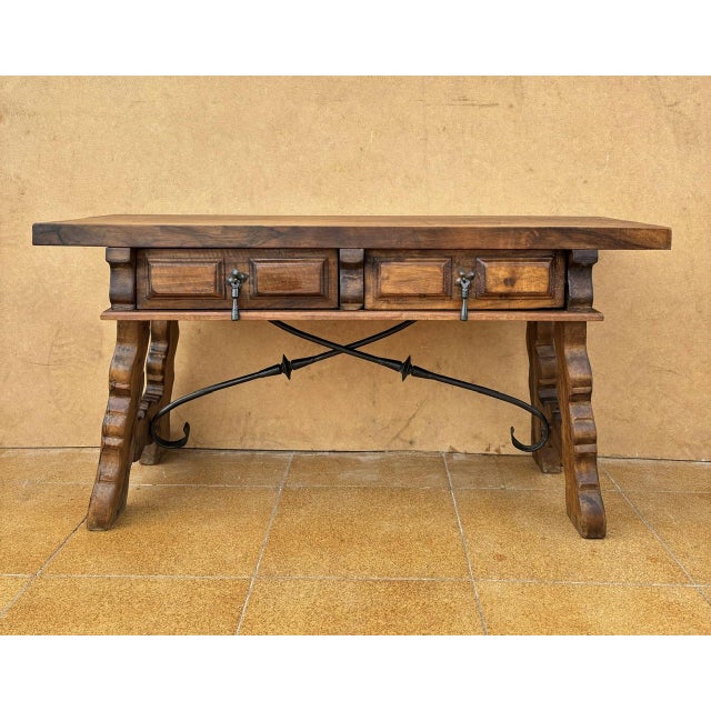 Low Rustic Oak Table with Drawers and Iron Stretcher, 1940 For Sale - Image 3 of 11