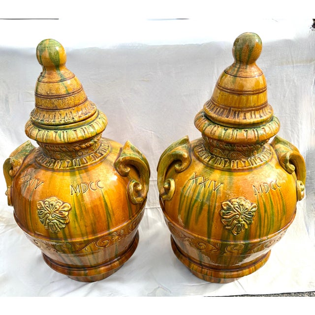 Contemporary Pair of Italian Yellow and Green Earthenware Glazed Urns with Removable Lids For Sale - Image 3 of 5