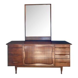 1960s Mid Century Lowboy Dresser Vintage Mid-Century Modern Forward Furniture Unagusta Contour 9 Drawer Low Chest of Drawers With Mirror For Sale