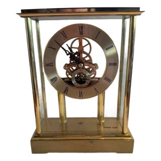 Late 20th Century Rhonda Style Brass Skeleton Movement Mantel Clock with Corporate Commemorative P For Sale