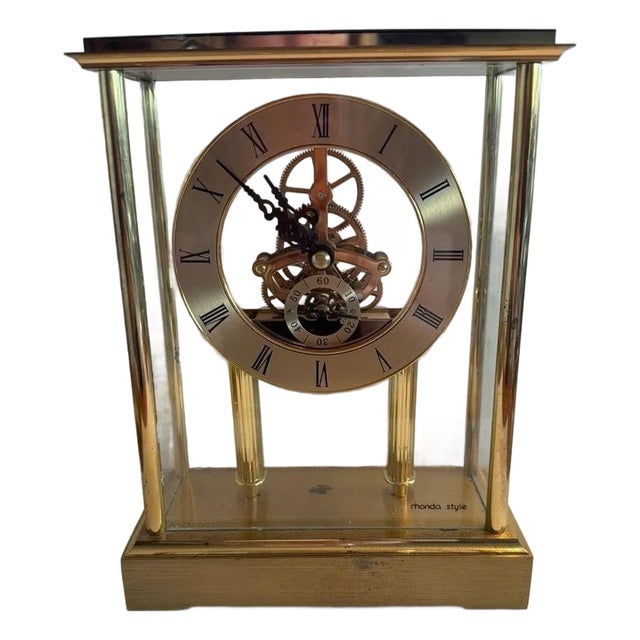 Late 20th Century Rhonda Style Brass Skeleton Movement Mantel Clock with Corporate Commemorative P For Sale