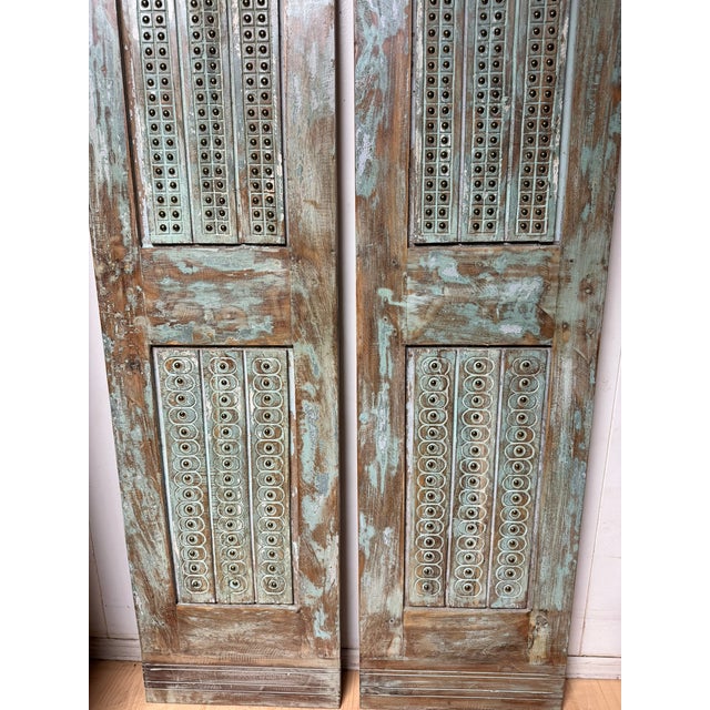 Mid-Century Modern Antique Indian Carved Wood Doors With Brass Studs – Rustic Farmhouse Barn Doors 80x40 For Sale - Image 3 of 8