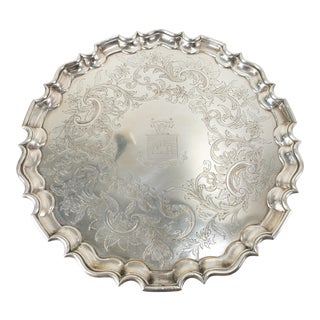 English Sheffield Silver Plate Salver With Hold Fast Crest For Sale