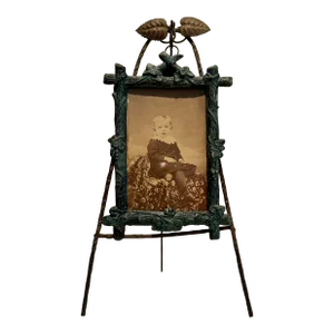 Antique Art Nouveau Victorian Edwardian Cast Metal Child's Photo Frame on Gilt Wire Easel