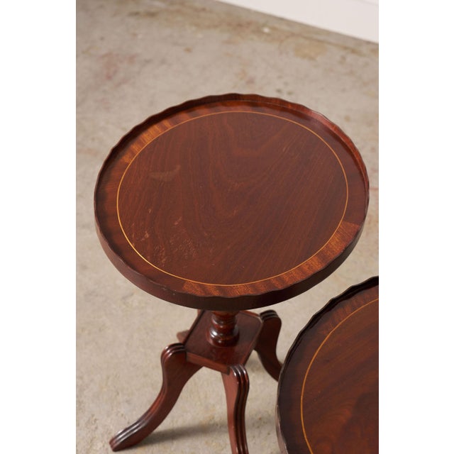 1930s Pair English Mahogany Side Tables With Scalloped Lip (C. 1930) For Sale - Image 5 of 11