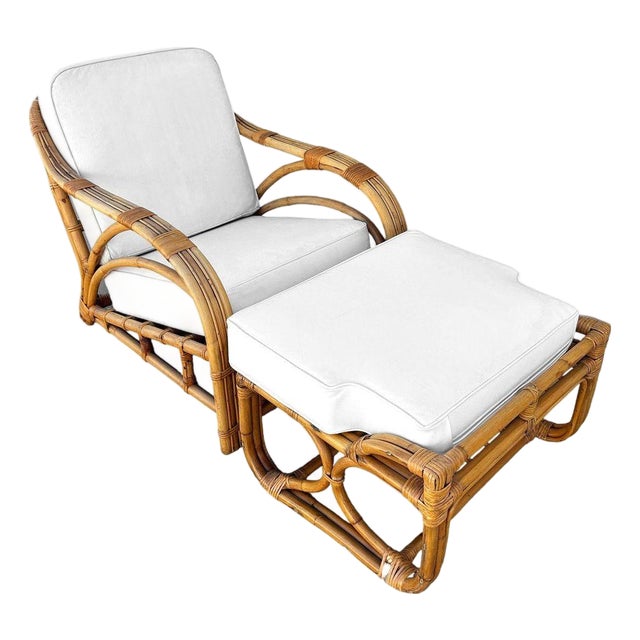 Restored Mid-Century 3-Stand 1949er Reed Rattan Chaise Lounge W/ Ottoman For Sale