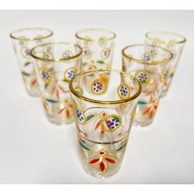 Mid 20th Century Set of 6 Moroccan Tea Glasses, Hand-Decorated Moorish Motifs, Circa 1960s For Sale - Image 5 of 9
