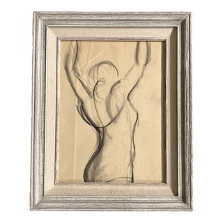 1940’s Original Charcoal Female Figure Study Drawing Vintage Frame For Sale
