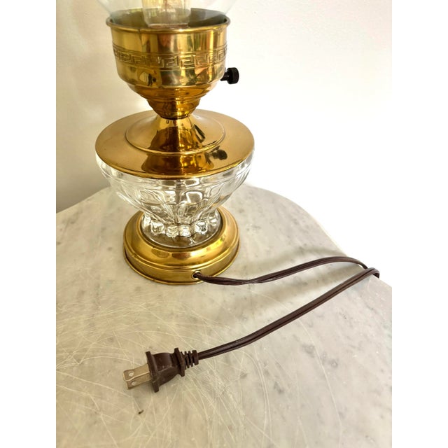 Early 20th Century Rewired Early 20th Century Brass and Glass Hurricane Lamp With Greek Key Detail For Sale - Image 5 of 6