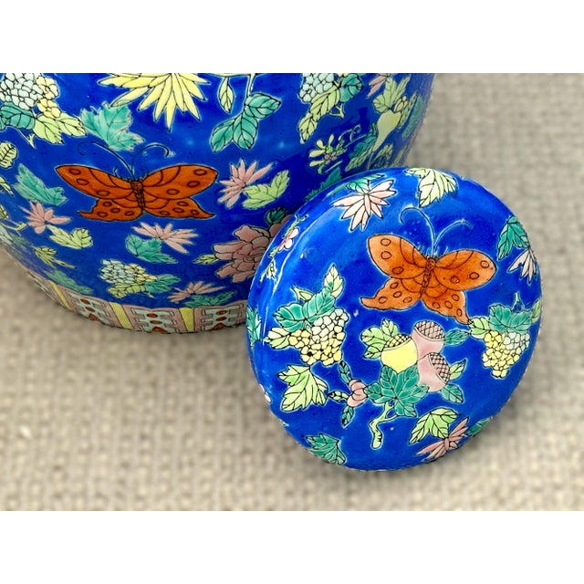 Wood Vibrant Cobalt Chinoiserie Ginger Jar With Butterflies + Carved Hardwood Stand For Sale - Image 7 of 9