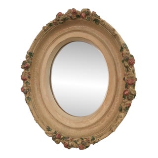 Vintage Florentine Polychrome Oval Mirror With Fruit & Leaf Gesso Frame Tuscan Farmhouse Style For Sale