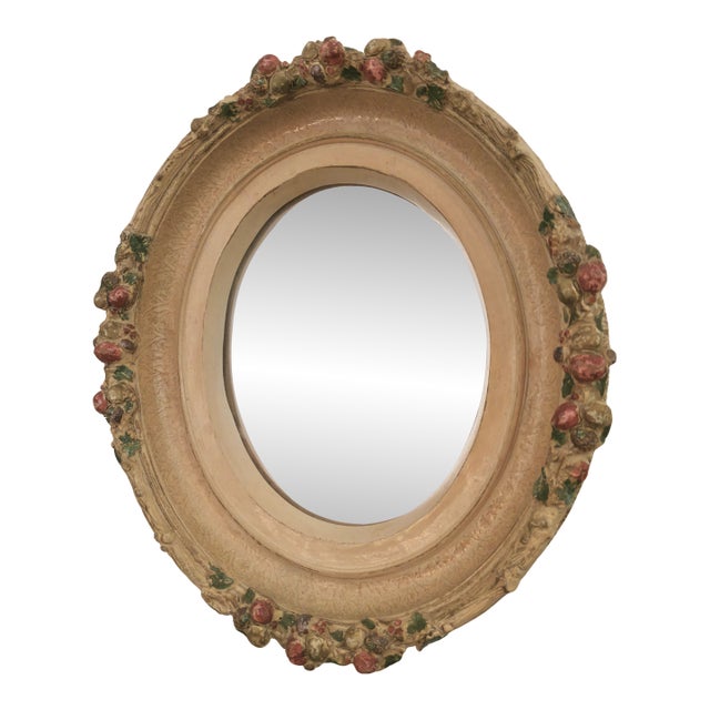 Vintage Florentine Polychrome Oval Mirror With Fruit & Leaf Gesso Frame Tuscan Farmhouse Style For Sale