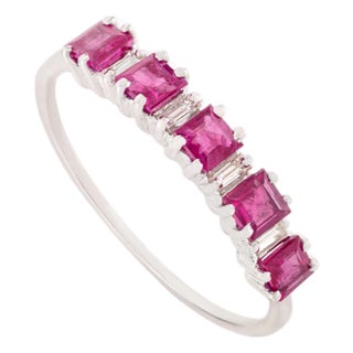 Square Cut Natural Ruby & Diamond Geometric Stacking Ring Size 4 in 14k Gold For Sale