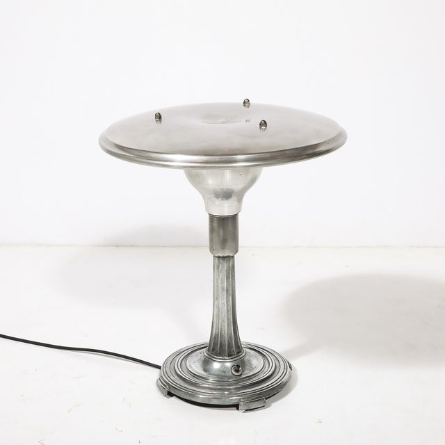 Art Deco Machine Age Saucer Form Polished Aluminum Table Lamp W/ Sculptural Base For Sale - Image 4 of 11