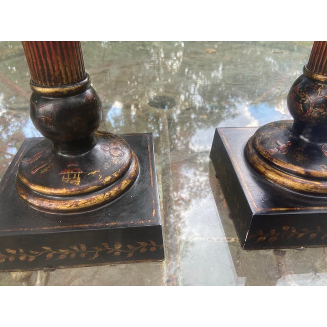 Chinoiserie Hollywood Regency Chinoiserie Candlestick Holders - Pair For Sale - Image 3 of 9