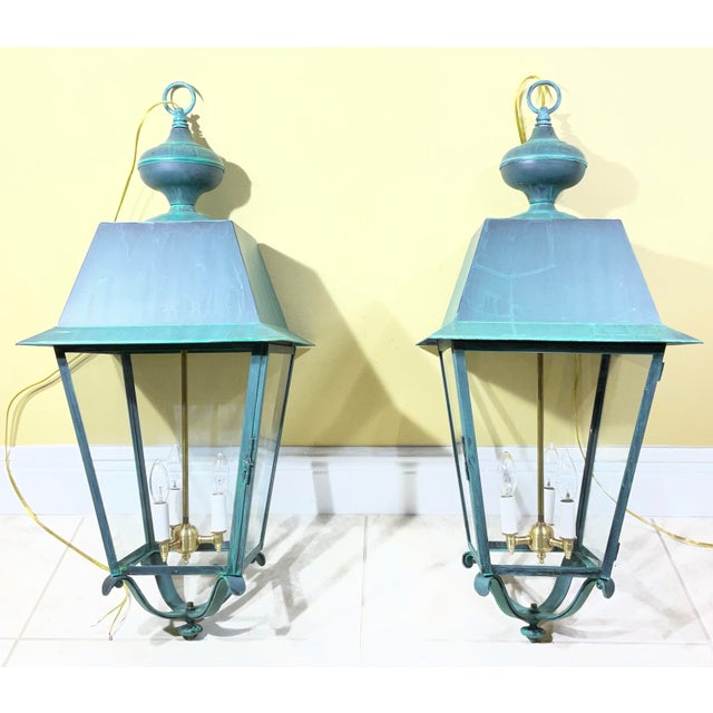 Pair of Solid Verdigris Brass Hanging Lanterns. 14” X 14” X 33” For Sale - Image 12 of 16