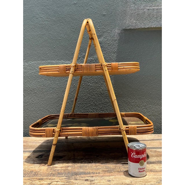 Mid-Century Modern Vintage Rattan Two-Tiered Tray Stand For Sale - Image 3 of 18