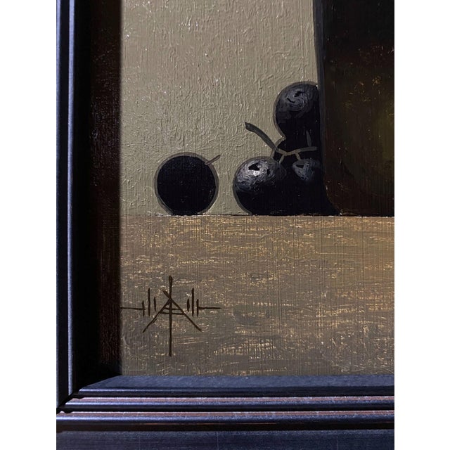 Early 21st Century Red Anjou & Green Glass by Blair Atherholt | Oil on panel Still life of a bottle, pear, and grapes For Sale - Image 5 of 5