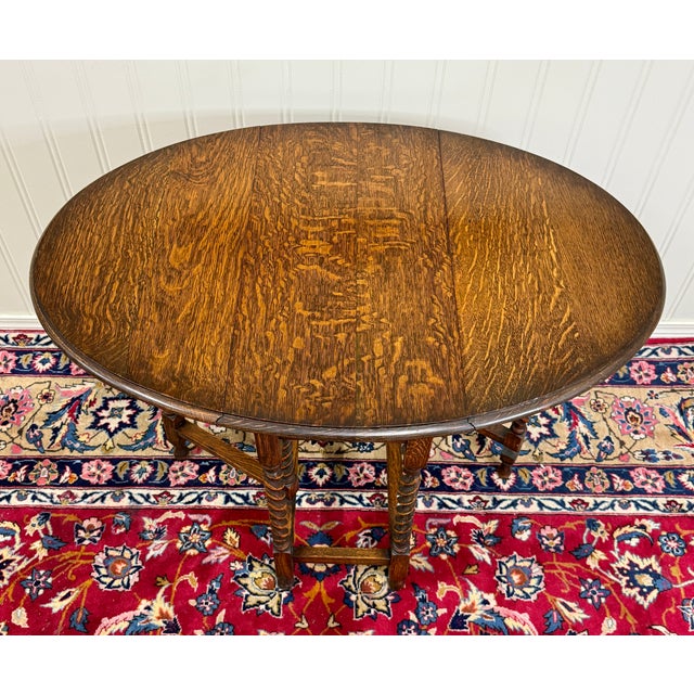 Antique English Table Drop Leaf Gateleg Barley Twist Oak Oval C. 1920-30s For Sale - Image 13 of 17