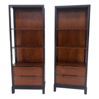 Pair 7.5' Tall Custom Mahogany Etageres Adjustable Shelves Dresser Drawers MINT! For Sale