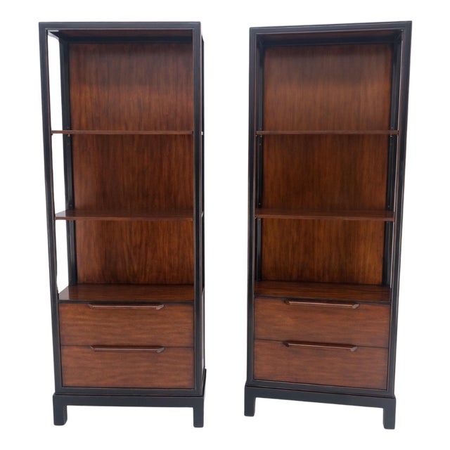 Pair 7.5' Tall Custom Mahogany Etageres Adjustable Shelves Dresser Drawers MINT! For Sale