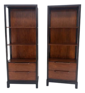 Pair 7.5' Tall Custom Mahogany Etageres Adjustable Shelves Dresser Drawers MINT!