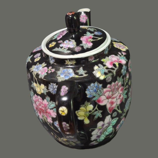 Chinoiserie Vintage Famille Noire Jingdezhen China Millefleur Painted Enamel Tea Pot For Sale - Image 3 of 11