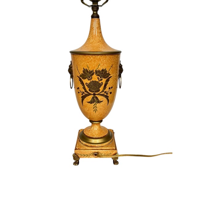 Vintage Made in Italy Urn Style Lamp, Footed Base Lions Head Knockers, Linen Shade For Sale - Image 9 of 10