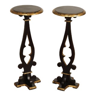 Vintage Ebonized and Partial Gilt Pair of Pedestal Plant Stands For Sale