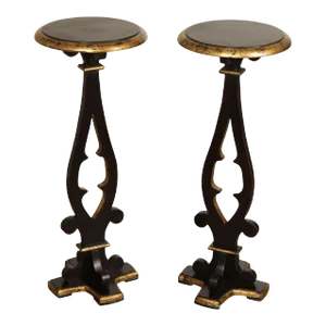 Vintage Ebonized and Partial Gilt Pair of Pedestal Plant Stands