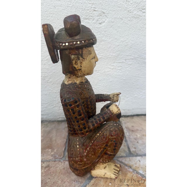 Chinese Early 20th Century Hand-Carved Chinese Wooden Figural Sculpture of Seated Musician With Tambourine-Style Instrument For Sale - Image 3 of 10
