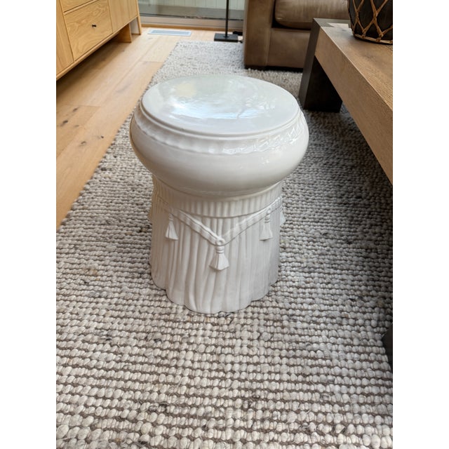 White Vintage White Glazed Ceramic Garden Stool With Draped Rope and Tassel Design For Sale - Image 8 of 9
