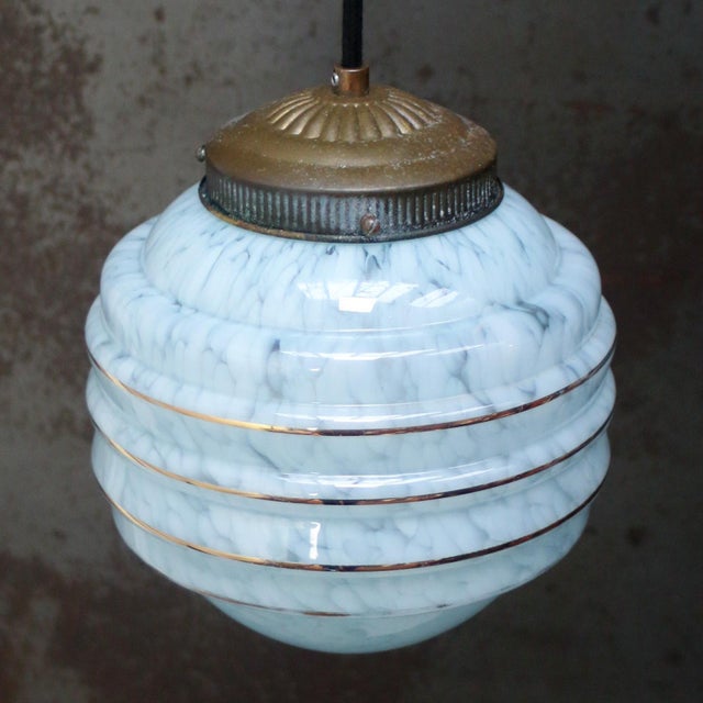 1920s French Art Deco Blue Reeded Clichy Glass Pendant Lamp For Sale - Image 5 of 8