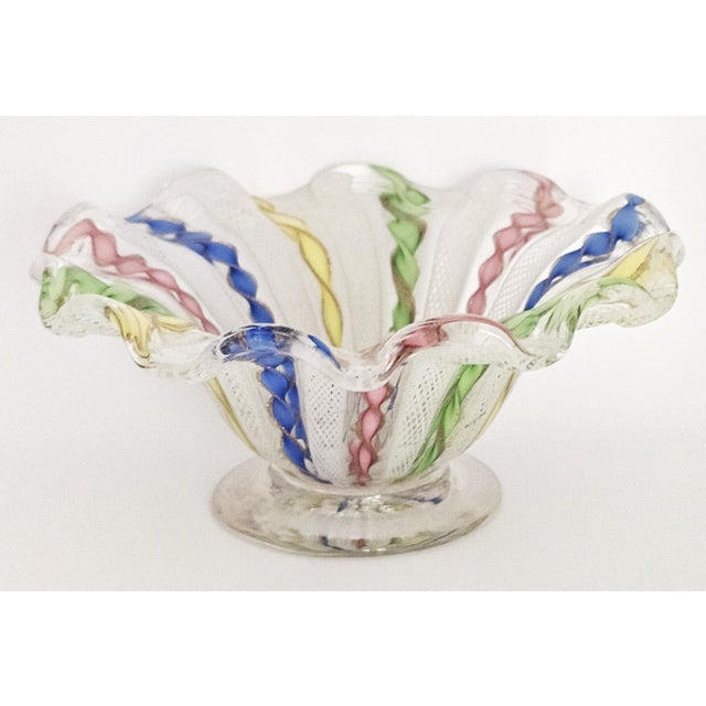 Mid 20th Century Murano Latticino Ribbon Art Glass Footed Bowl — Multicolor Gold Fleck, Italy For Sale - Image 5 of 14