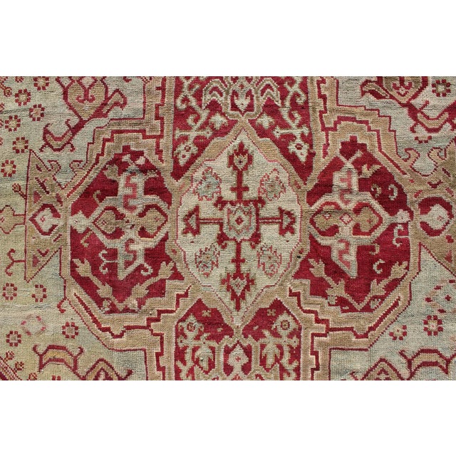 Textile Antique Turkish Ghiordes Geometric Rug in Raspberry Red and Ice Blue and Green For Sale - Image 7 of 10