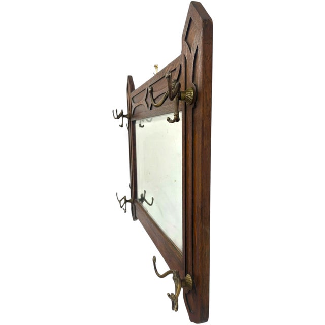 Antique Dark Oak Gothic Revival Hall Mirror With Brass Hooks For Sale In Seattle - Image 6 of 7