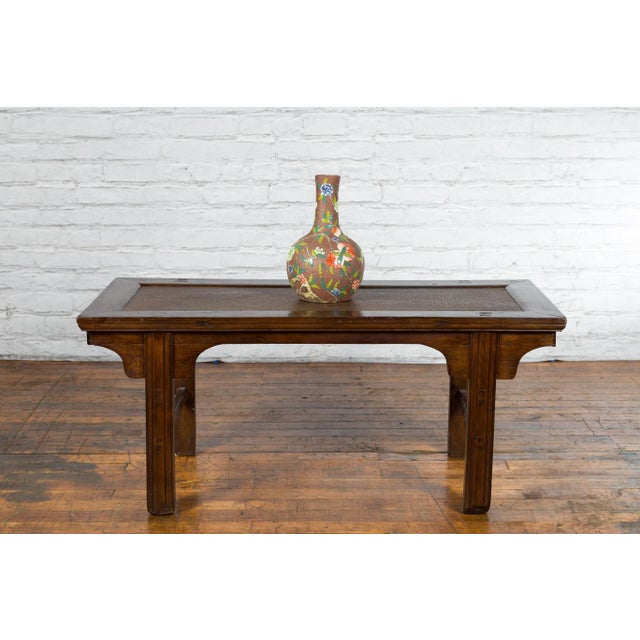 Wood 19th Century Qing Dynasty Rattan Insert Top & Carved Apron Coffee Table For Sale - Image 7 of 13