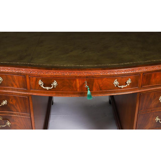Metal Antique 20th Century Flame Mahogany Serpentine Partners Pedestal Desk, 1890s For Sale - Image 7 of 18