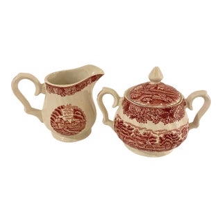 Vintage Wood & Son English Transferware Creamer & Sugar Set, Pink Mulberry Pastoral For Sale