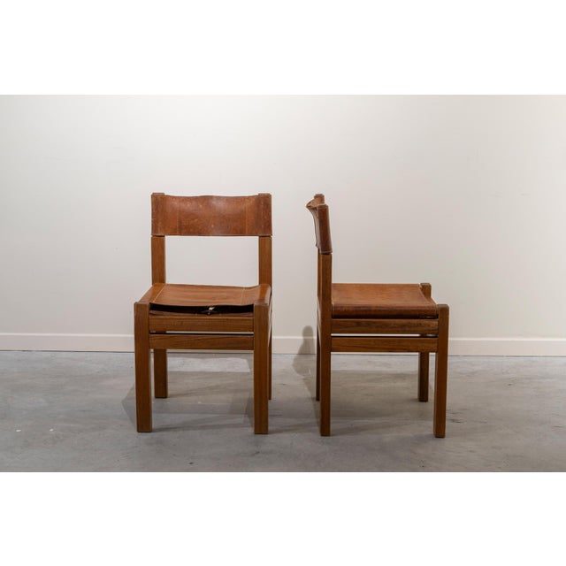 Brutalist Rationalist French Chairs in Leather and Wood, 1970s, Set of 2 For Sale - Image 3 of 12