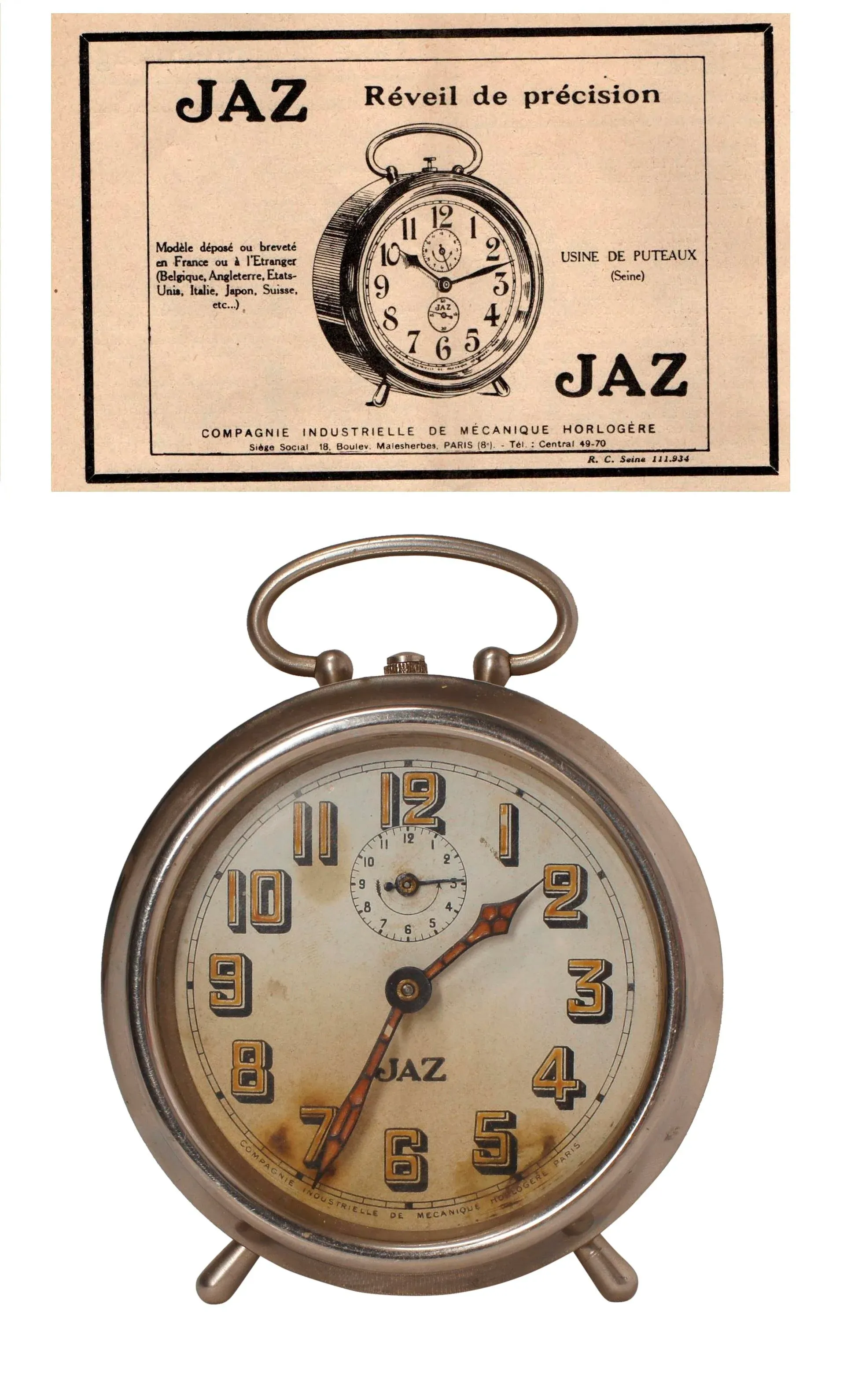 1919 Jaz French Antique Wind-Up Alarm Clock | Chairish